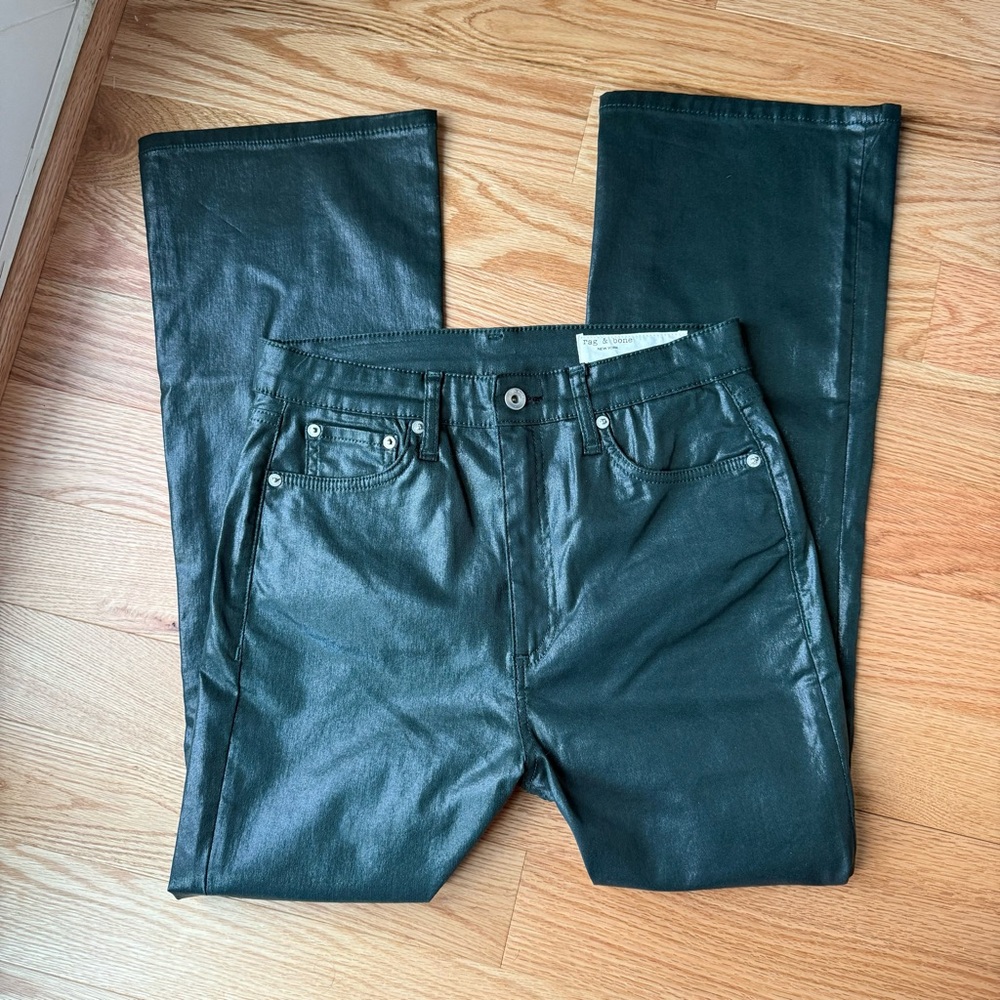 Rag & Bone Casey Ankle Flare Jeans Coated Pine Grove Green High Rise - Size 29 - Picture 2 of 11